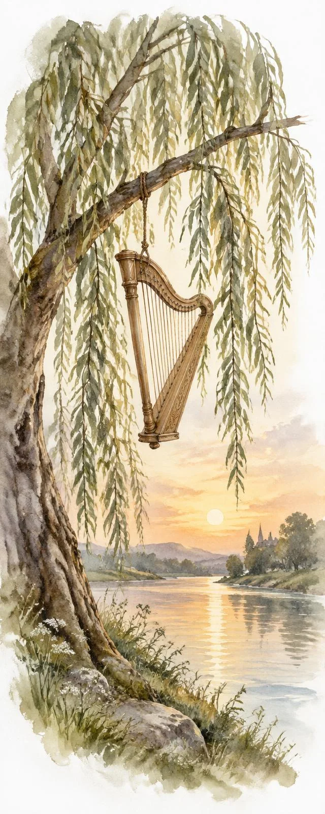 Watercolour of a harp hanging from a willow on a riverbank at sunset